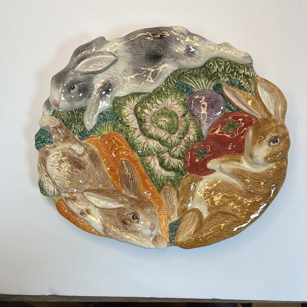 Fitz & Floyd Round Serving Platter English Garden‎ Bunnies Veggies Decorative